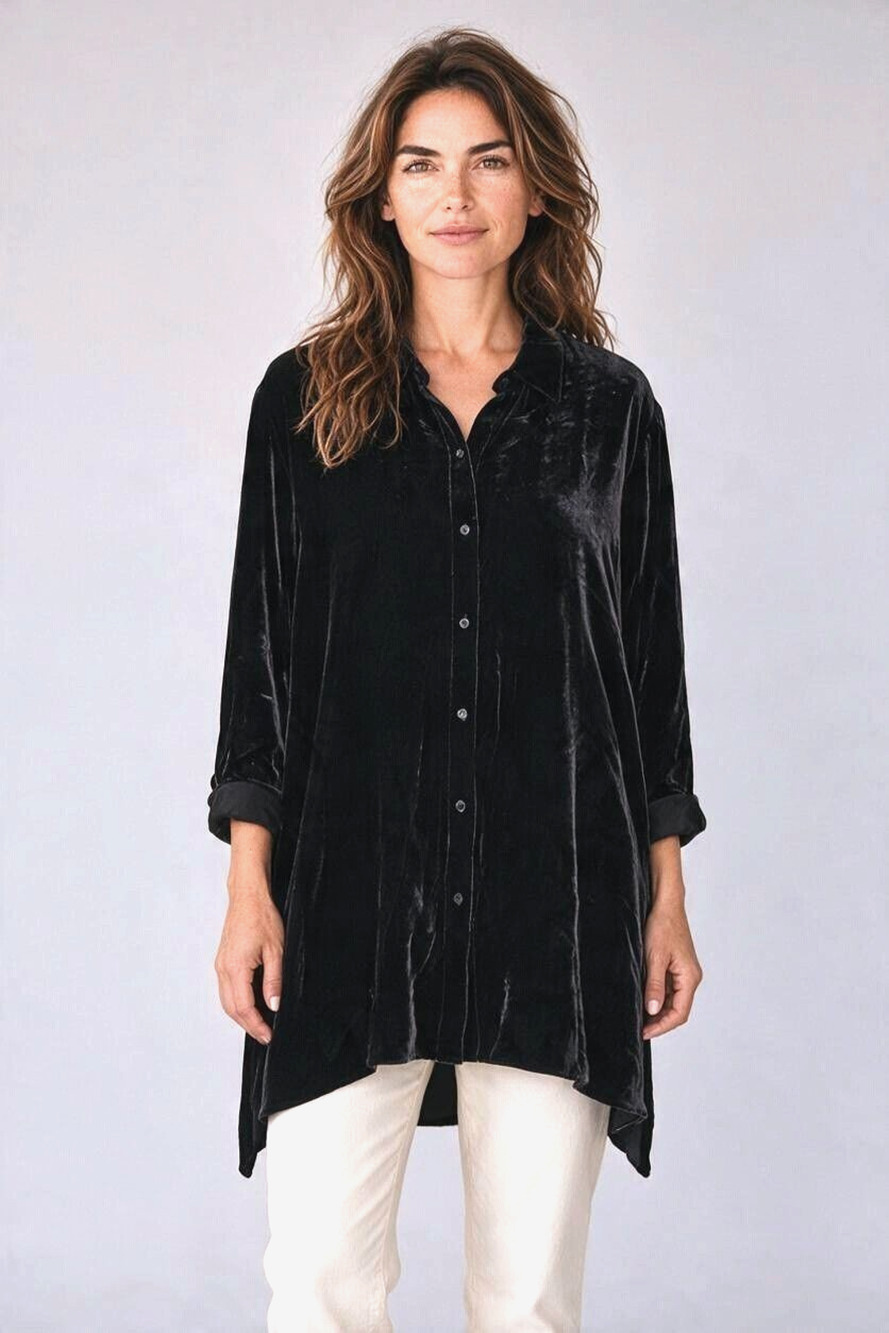 A8 Auth EILEEN FISHER Viscose-Silk Velvet Classic Collar Button Up Shirt Size L
